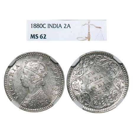 Victoria Empress, Silver, 2 Annas, 1880, Calcutta Mint, B/II, 'C' incused, 11'o clock on R