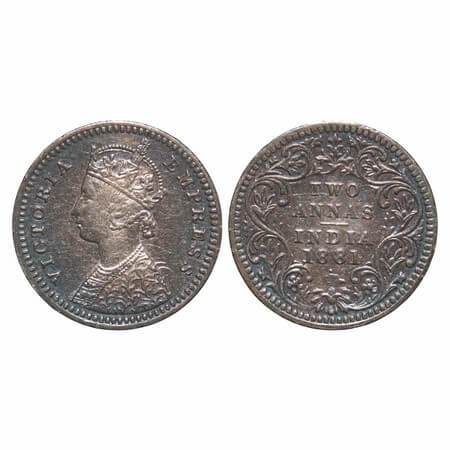 Victoria Empress, Silver, 2 Annas, 1881, Bombay Mint, B/II, Dot. F. Prid 524. GK 757. Abou