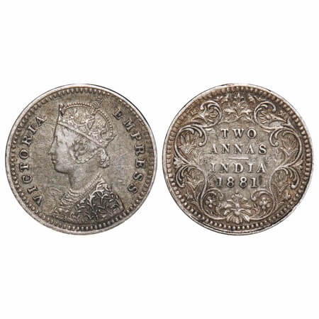 Victoria Empress, Silver, 2 Annas, 1881, Bombay Mint, B/II, Dot. F. Prid 524. GK 757. Very