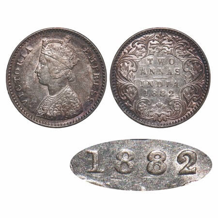 Victoria Empress, Silver, 2 Annas, 1882, Bombay Mint, A/I, Dot, Last two numerals '8' & '2