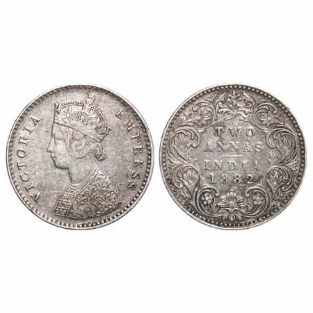 Victoria Empress, Silver, 2 Annas, 1882, Bombay Mint, A/I, Dot. F. Prid 525. GK 759. Very 