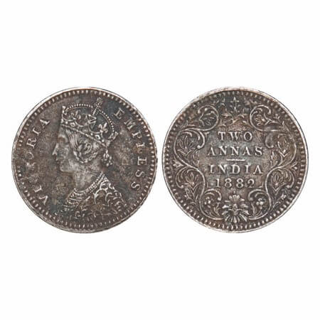 Victoria Empress, Silver, 2 Annas, 1882, Bombay Mint, B/II, Dot. F. Prid 527. GK 762. Very