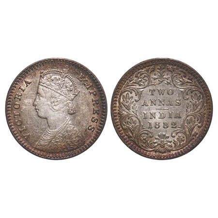 Victoria Empress, Silver, 2 Annas, 1882, Calcutta Mint, B/II, 'C' incused. F. Prid 497. GK