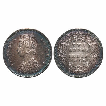Victoria Empress, Silver, 2 Annas, 1883, Bombay Mint, A/I, Dot. F. Prid 529. GK 765. Uncir