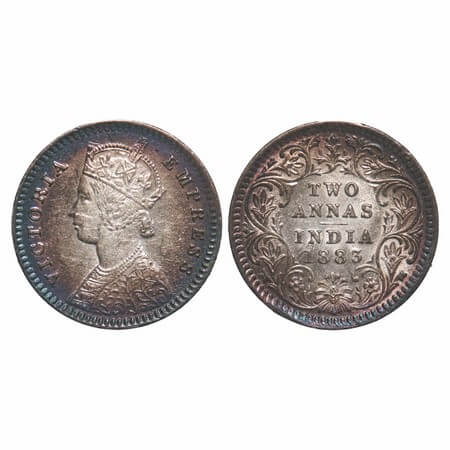 Victoria Empress, Silver, 2 Annas, 1883, Calcutta Mint, B/II, 'C' incused. F. Prid 498. GK