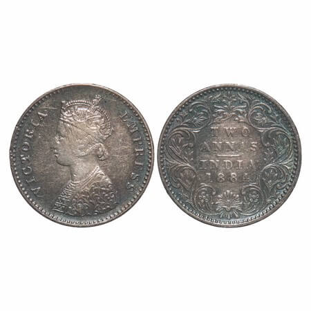 Victoria Empress, Silver, 2 Annas, 1884, Bombay Mint, A/I, No dot. F. Prid 531. GK 769. Ab
