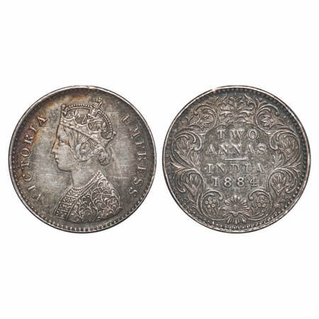 Victoria Empress, Silver, 2 Annas, 1884, Bombay Mint, A/I, No dot. F. Prid 531. GK 769. Ex