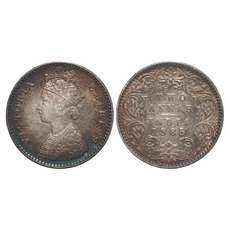 Victoria Empress, Silver, 2 Annas, 1885, Bombay Mint, A/I, 'B' raised. F. Prid 537. GK 777