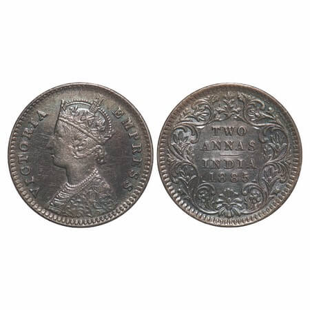 Victoria Empress, Silver, 2 Annas, 1885, Calcutta Mint, B/II, 'C' incused. F. Prid 500. GK