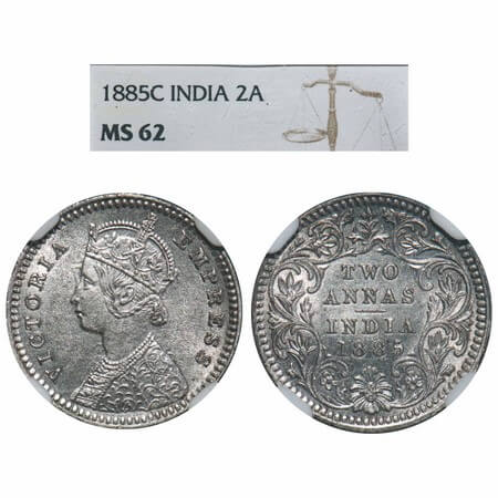 Victoria Empress, Silver, 2 Annas, 1885, Calcutta Mint, B/II, 'C' incused. F. Prid 500. GK
