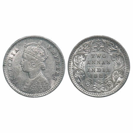 Victoria Empress, Silver, 2 Annas, 1885, Calcutta Mint, B/II, 'C' incused. F. Prid 500. GK