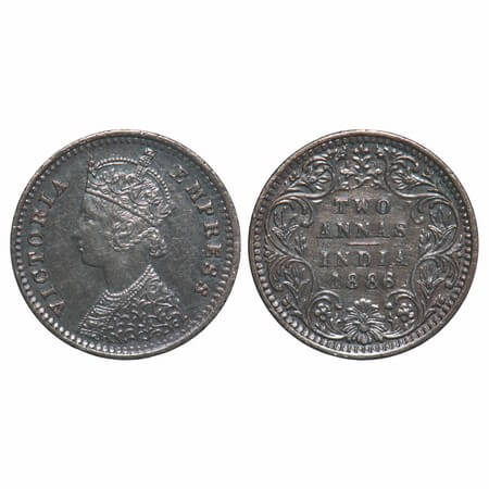 Victoria Empress, Silver, 2 Annas, 1886, Bombay Mint, B/II, 'B' incused, Ghost on Rev. F. 