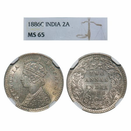 Victoria Empress, Silver, 2 Annas, 1886, Calcutta Mint, B/II, 'C' incused. F. Prid 501. GK