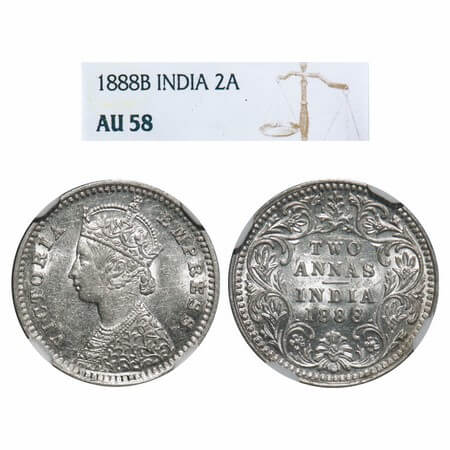 Victoria Empress, Silver, 2 Annas, 1888, Bombay Mint, B/II, 'B' incused. F. Prid 541. GK 7