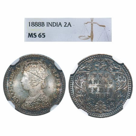 Victoria Empress, Silver, 2 Annas, 1888, Bombay Mint, B/II, 'B' incused. F. Prid 541. GK 7