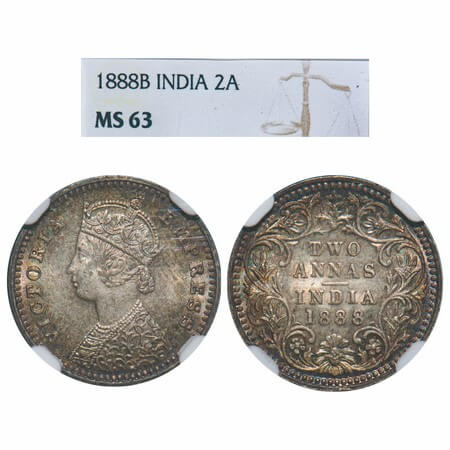 Victoria Empress, Silver, 2 Annas, 1888, Bombay Mint, B/II, 'B' incused. F. Prid 541. GK 7
