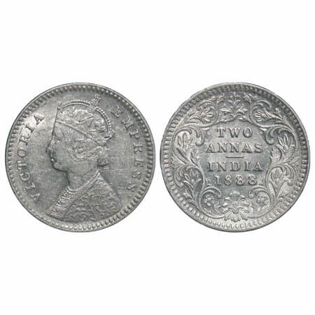 Victoria Empress, Silver, 2 Annas, 1888, Calcutta Mint, B/II, No mint mark, No 'C', Ghost 