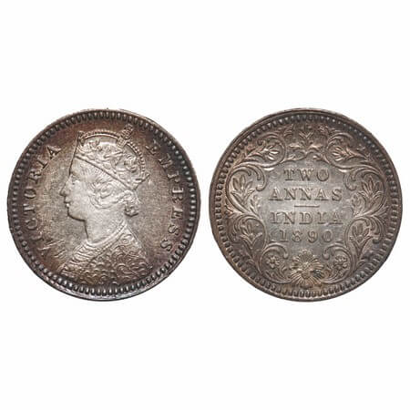 Victoria Empress, Silver, 2 Annas, 1890, Calcutta Mint, B/II, 'C' incused, Ghost on Rev. F