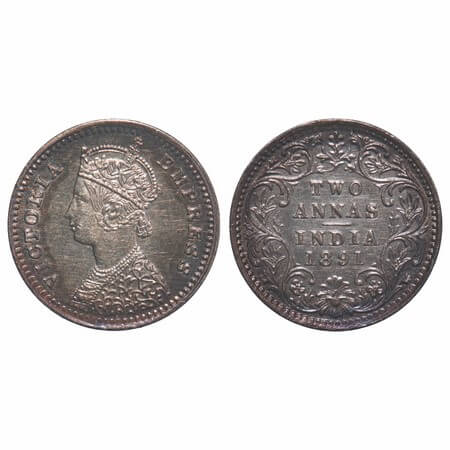 Victoria Empress, Silver, 2 Annas, 1891, Bombay Mint, B/II, 'B' incused. F. Prid 546. GK 7