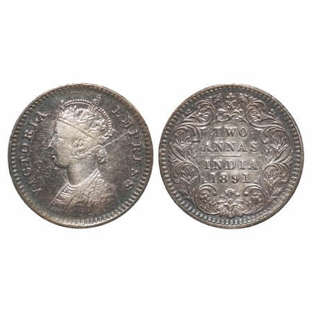 Victoria Empress, Silver, 2 Annas, 1891, Calcutta Mint, B/II, 'C' incused. F. Prid 506. GK