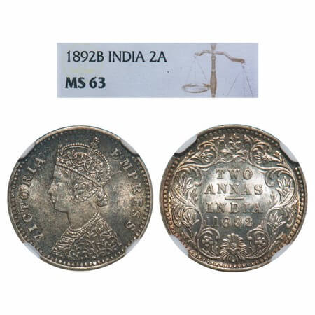 Victoria Empress, Silver, 2 Annas, 1892, Bombay Mint, B/II, 'B' incused. F. Prid 547. GK 7
