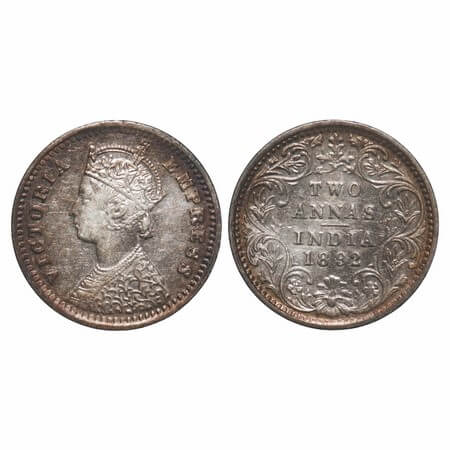 Victoria Empress, Silver, 2 Annas, 1892, Bombay Mint, B/II, 'B' incused. F. Prid 547. GK 7