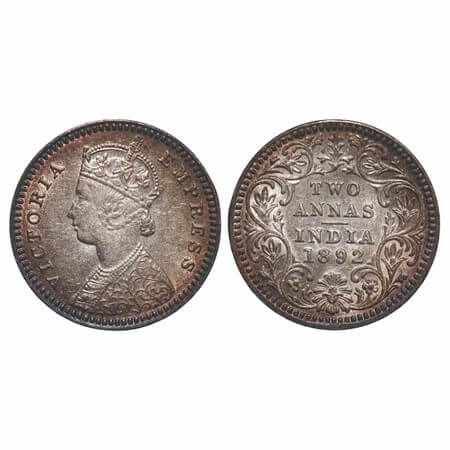 Victoria Empress, Silver, 2 Annas, 1892, Calcutta Mint, B/II, 'C' incused. F. Prid 507. GK