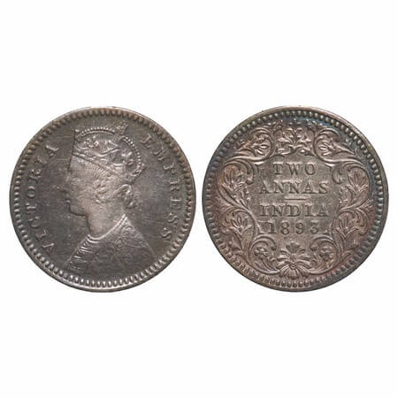 Victoria Empress, Silver, 2 Annas, 1893, Calcutta Mint, B/II, 'C' incused. F. Prid 508. GK