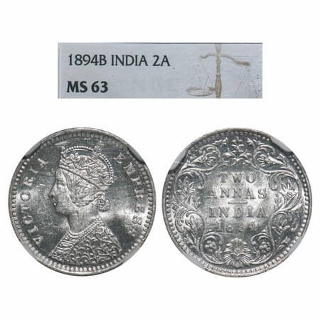 Victoria Empress, Silver, 2 Annas, 1894, Bombay Mint, B/II, 'B' incused. F. Prid 549. GK 8