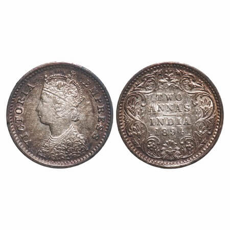Victoria Empress, Silver, 2 Annas, 1894, Bombay Mint, B/II, 'B' incused. F. Prid 549. GK 8