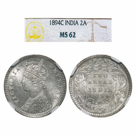 Victoria Empress, Silver, 2 Annas, 1894, Calcutta Mint, B/II, 'C' incused. F. Prid 509. GK