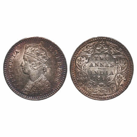 Victoria Empress, Silver, 2 Annas, 1894, Calcutta Mint, B/II, 'C' incused, Ghost on Rev. F