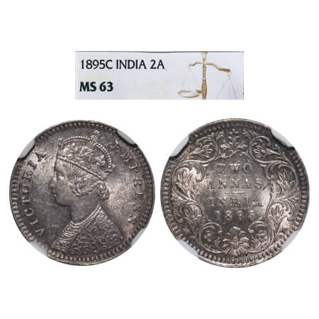 Victoria Empress, Silver, 2 Annas, 1895, Calcutta Mint, B/II, 'C' incused. F. Prid 510. GK