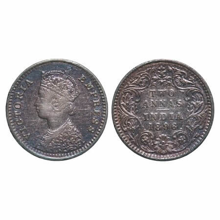 Victoria Empress, Silver, 2 Annas, 1896, Bombay Mint, B/II, 'B' incused. F. Prid 550. GK 8