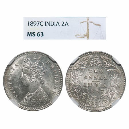 Victoria Empress, Silver, 2 Annas, 1897, Calcutta Mint, B/II, 'C' incused. F. Prid 512. GK