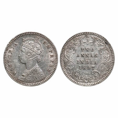 Victoria Empress, Silver, 2 Annas, 1897, Calcutta Mint, B/II, 'C' incused. F. Prid 512. GK