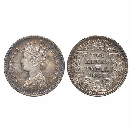 Victoria Empress, Silver, 2 Annas, 1897, Calcutta Mint, B/II, 'C' incused. F. Prid 512. GK