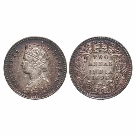 Victoria Empress, Silver, 2 Annas, 1898, Calcutta Mint, B/II, 'C' incused, Ghost on Rev. F