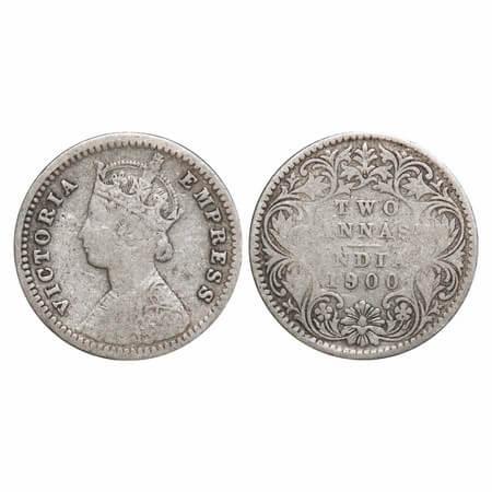 Victoria Empress, Silver, 2 Annas, 1900, Bombay Mint, B/I, 'B' incused. F. Prid Unlisted. 
