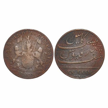 Madras Presidency, Copper XX (Twenty) Cash, 9.15g (Light Issue), struck at Soho Mint, 1808