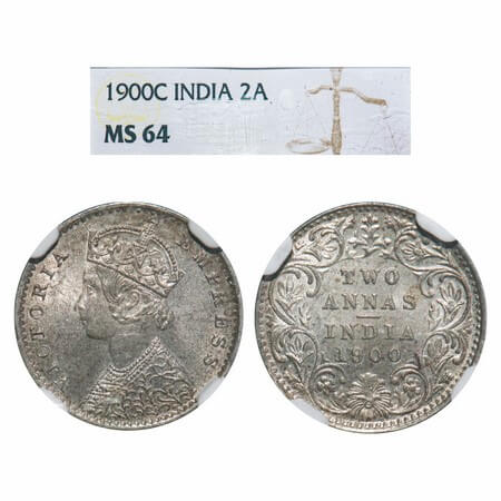 Victoria Empress, Silver, 2 Annas, 1900, Calcutta Mint, B/II, 'C' incused. F. Prid 514. GK