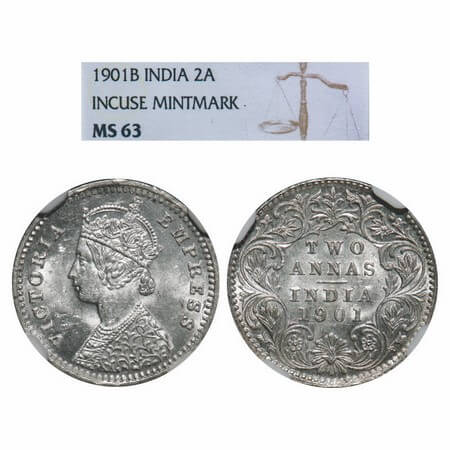 Victoria Empress, Silver, 2 Annas, 1901, Bombay Mint, B/I, 'B' incused. F. Prid 555. GK 81