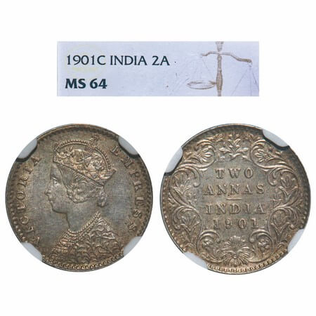 Victoria Empress, Silver, 2 Annas, 1901, Calcutta Mint, B/II, 'C' incused. F. Prid 515. GK