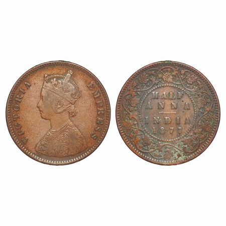 Victoria Empress, Copper, Half Anna, 1877, Bombay Mint, B/II. F. Prid 586. GK 820. Very Fi