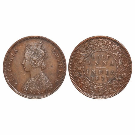 Victoria Empress, Copper, Half Anna, 1877, Bombay Mint, B/II, Queens jabot had 4 panels, N