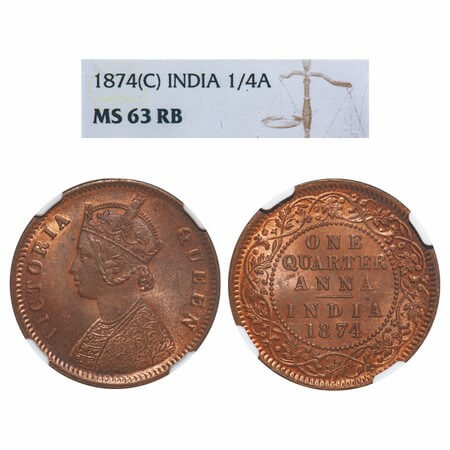 Victoria Queen, Copper, Quarter Anna, 1874, Calcutta Mint, B/II, No mint mark. F. Prid 608