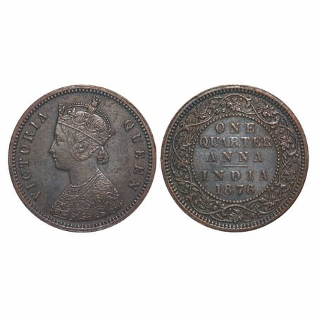 Victoria Queen, Copper, Quarter Anna, 1876, Calcutta Mint, B/II, No mint mark. F. Prid 610