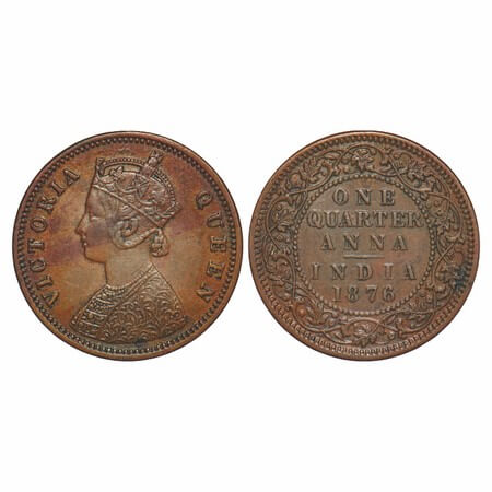 Victoria Queen, Copper, Quarter Anna, 1876, Calcutta Mint, B/II, No mint mark. F. Prid 610