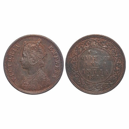 Victoria Empress, Copper, Quarter Anna, 1877, Bombay Mint, B/I, No mint mark. F. Prid 637.