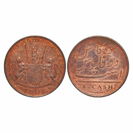Madras Presidency, Copper X (Ten) Cash, 4.71g (light Issue), Struck at Soho Mint, 1808 AD,